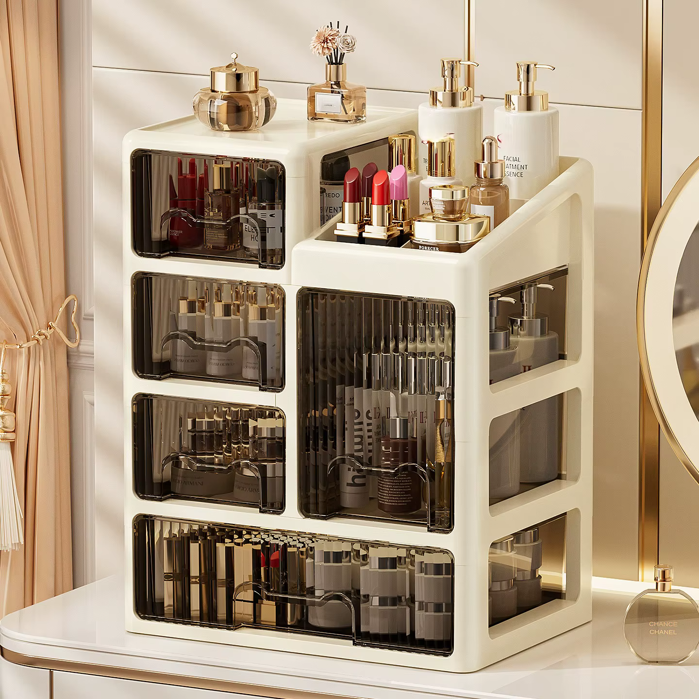 Boîte de rangement de cosmétiques de style tiroir, coiffeuse haut de gamme, rouge à lèvres, produits de soins de la peau, étagère à bijoux, boîte de rangement de bureau