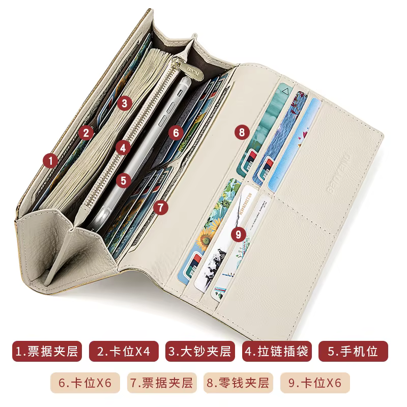 Portefeuille Long en cuir véritable pour femmes
