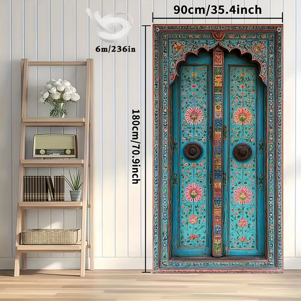 Rideau de porte 2D, 1 pièce. Bleu-vert et or combinés, imprimés dans un style profondément influencé par la culture indienne.