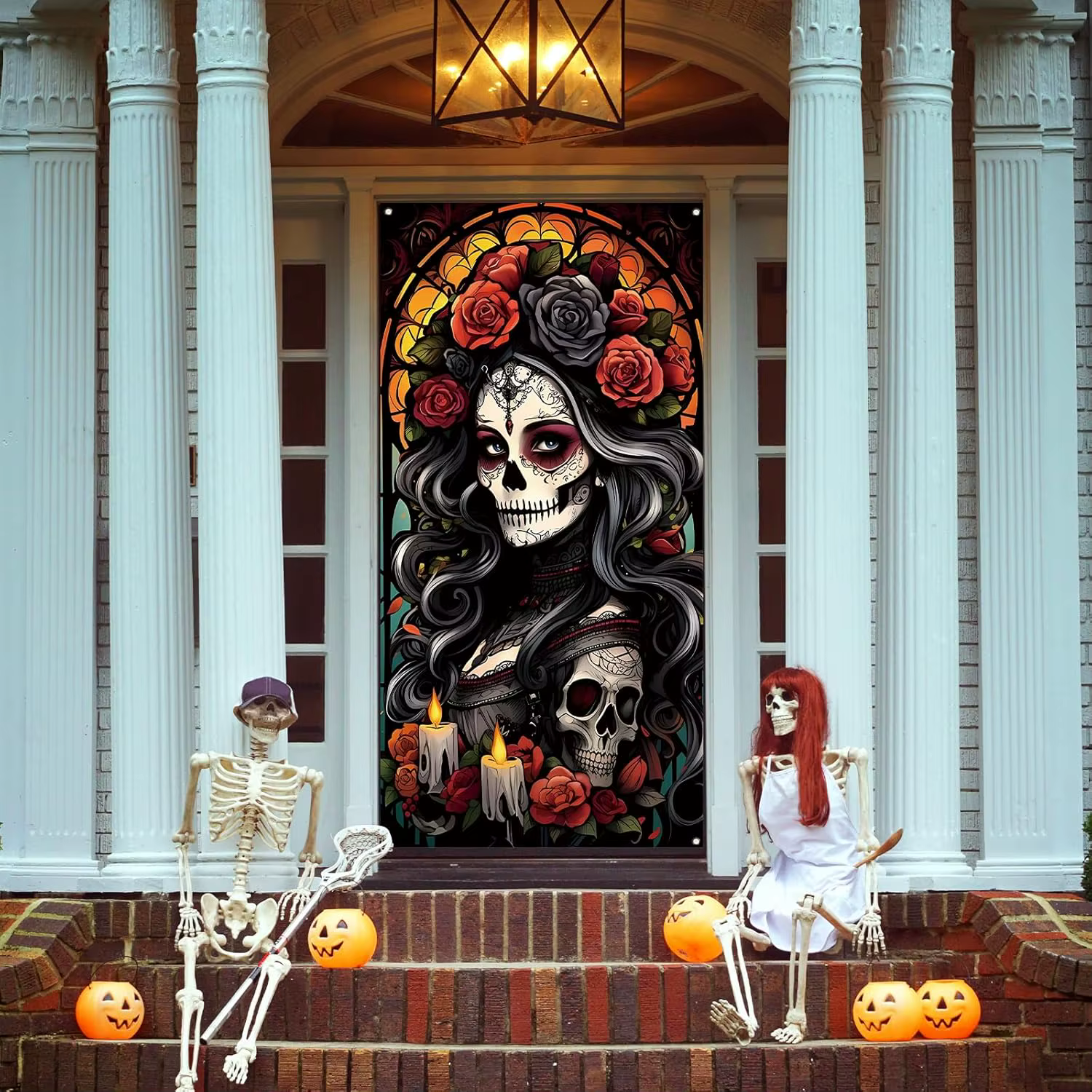 Couverture De porte du jour des morts, bannière Boor Dia De Los Muertos, toile De fond, crâne De sucre, Rose, Altar, décorations De fête mexicaine