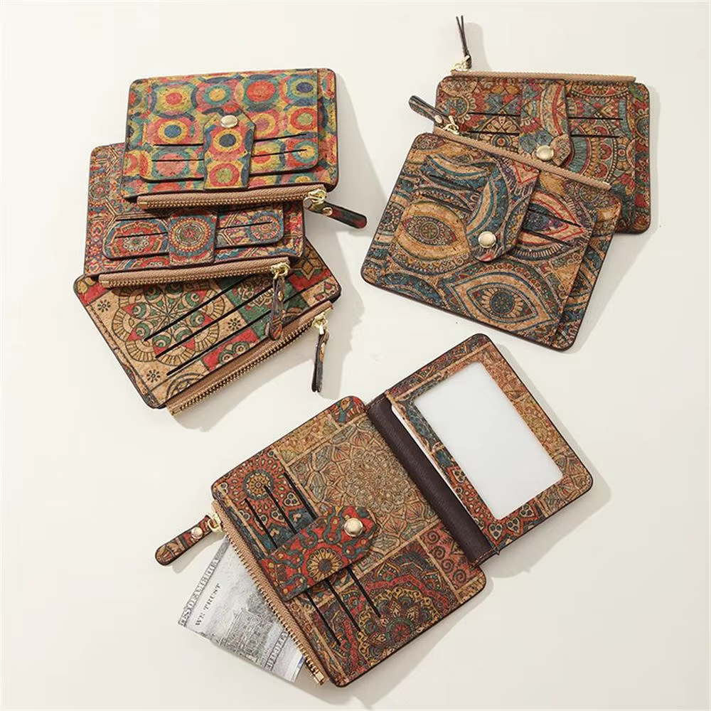 ISKYBOB Vintage imprimé liège court portefeuille pour hommes femmes Grain de bois multi-fonctionnel porte-carte Portable fermeture éclair porte-monnaie