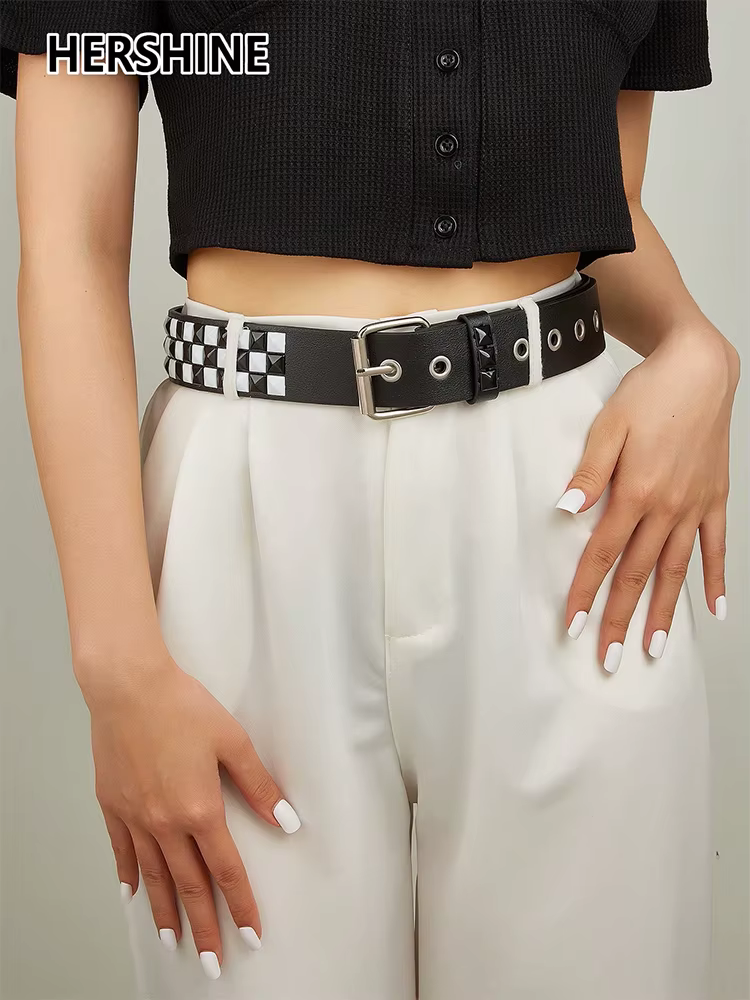 HERSHINE 1 pièce élégante ceinture en cuir à carreaux noir et blanc