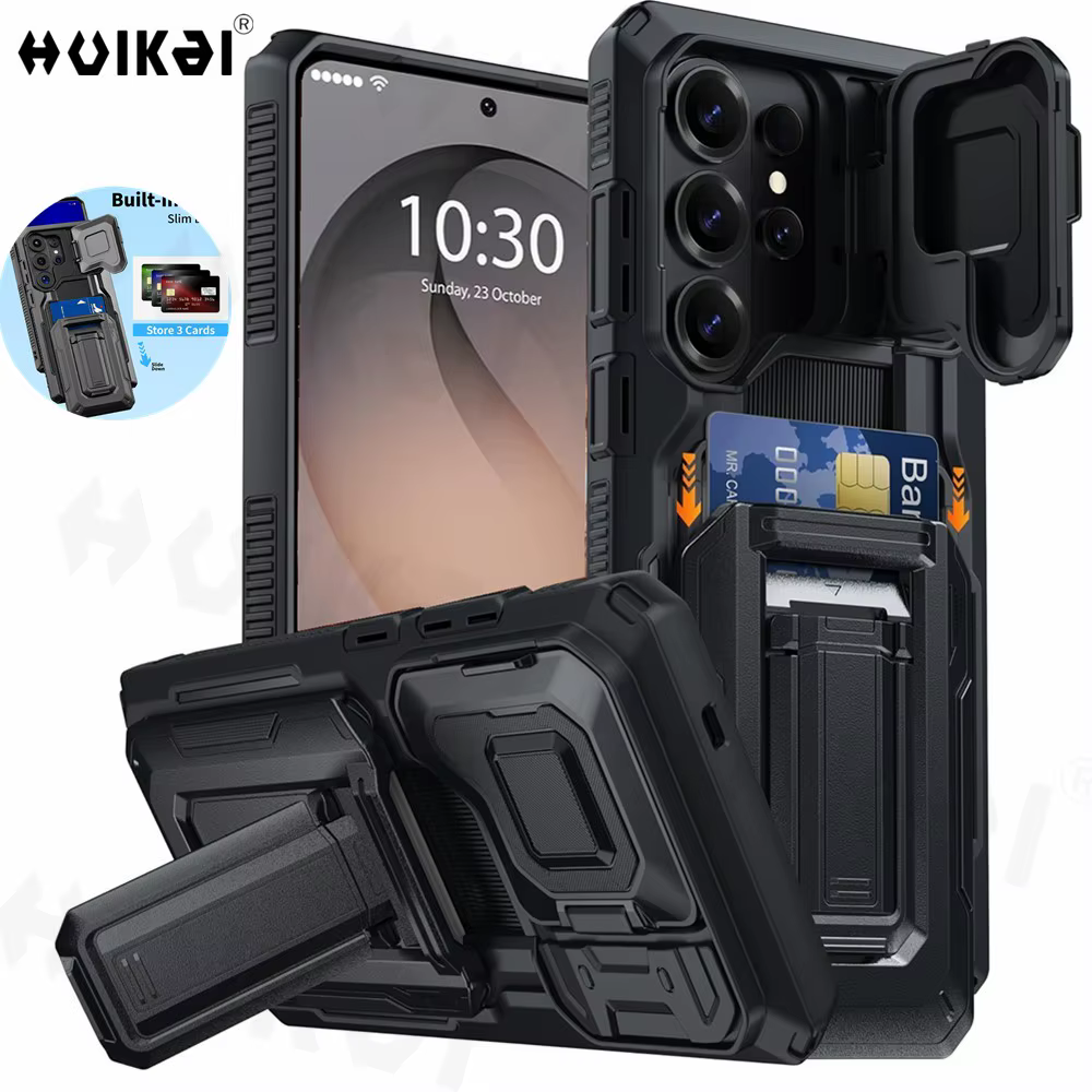 Étui pour Samsung Galaxy S26 Ultra Galaxy S25 Ultra, portefeuille avec porte-cartes coulissant, support, protection de l'appareil photo, étuis de qualité militaire