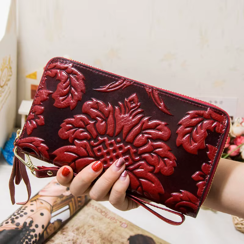 Portefeuille floral en cuir de vache véritable pour femme, sac à main vintage pour femme, pochette de grande capacité