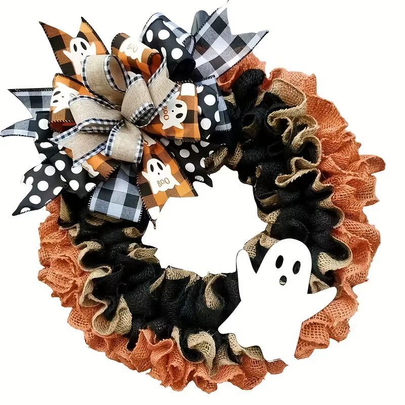 Fournitures de décoration d'halloween, couronne fantôme pour porte d'entrée, pendentif, couronne à nœud en tissu fantôme