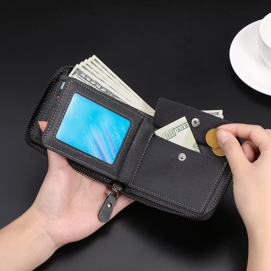 Portefeuille à fermeture éclair pour hommes avec nom gravé personnalisé - Style court avec porte-monnaie porte-carte de