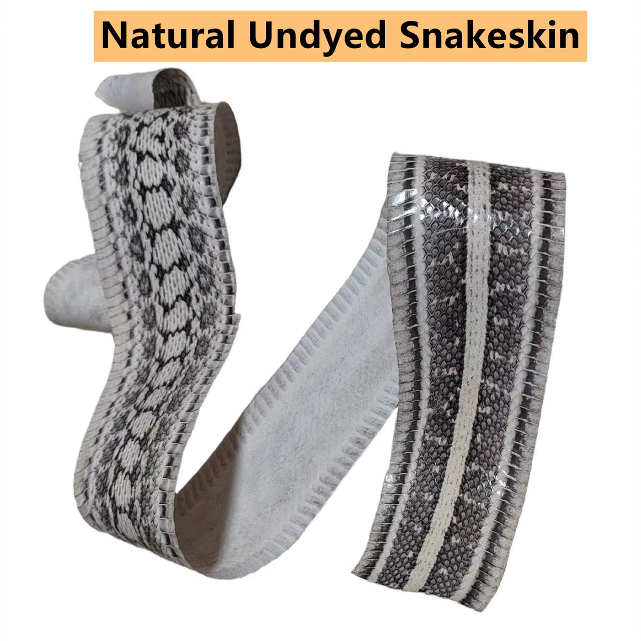 Cuir de serpent naturel non teint noir et blanc de 110 cm de long pour ceinture