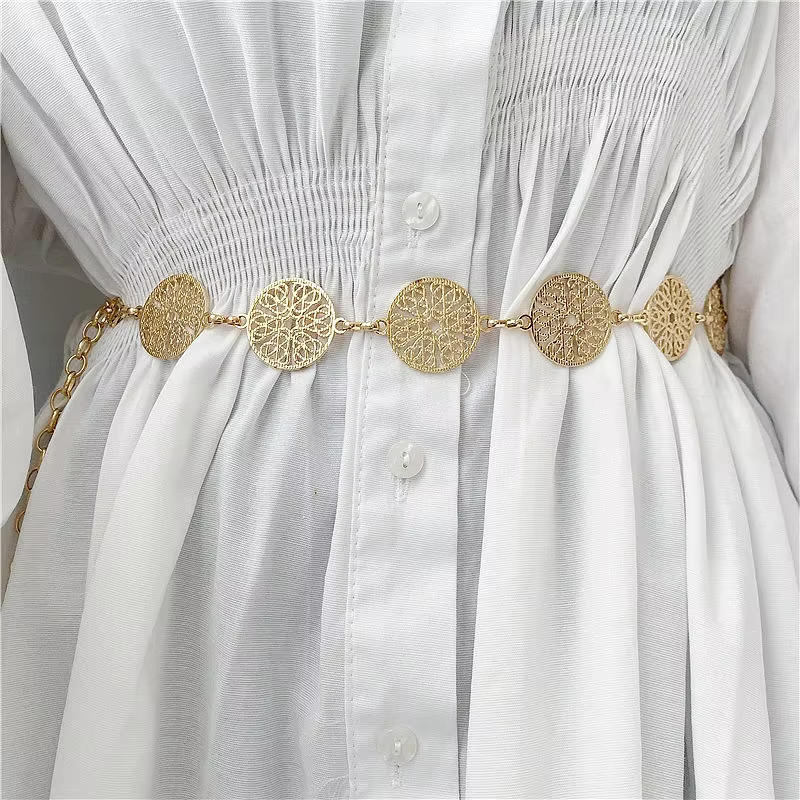 Ceinture ronde en métal pour femmes, élégante, rétro, or, argent, sculpté, chaîne ajourée, longues, robe à la mode, ceinture décorative pour dames