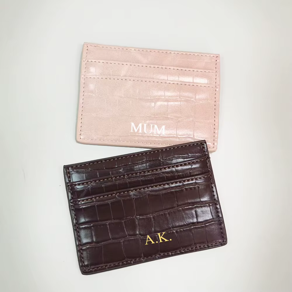 Porte-cartes de luxe en cuir de crocodile gravé avec lettres
