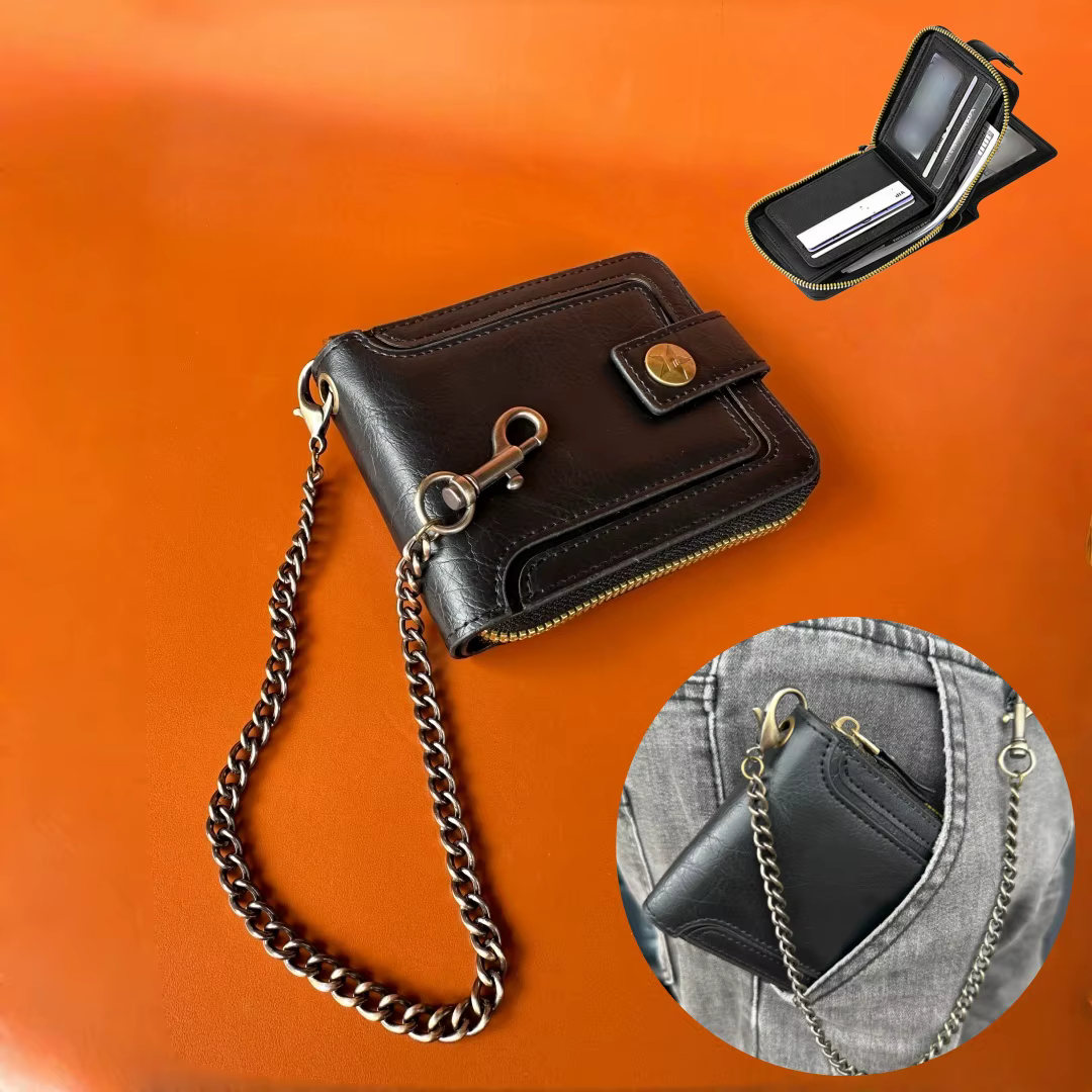 Portefeuille à deux volets en cuir PU pour homme avec chaîne