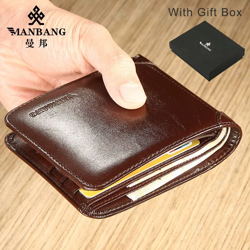 Portefeuille Homme Tri-Fold Cuir Véritable Italien MANBANG – Blocage RFID