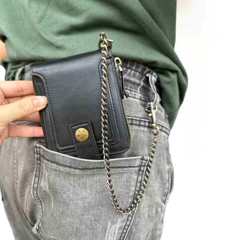 Portefeuille à deux volets en cuir PU pour homme avec chaîne