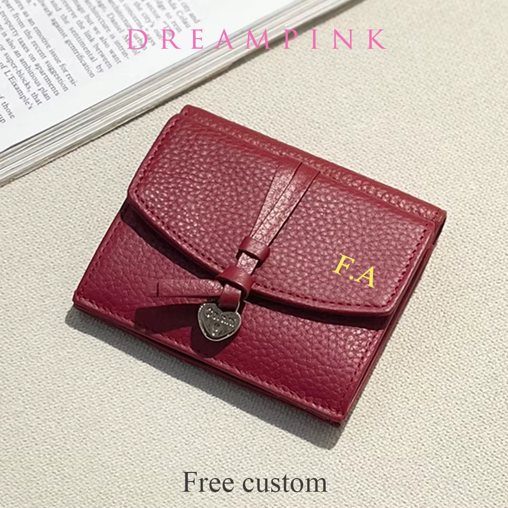 Portefeuille en cuir véritable pour femme, personnalisé avec nom, élégant, porte-monnaie et cartes, avec initiales personnalisées et cœur