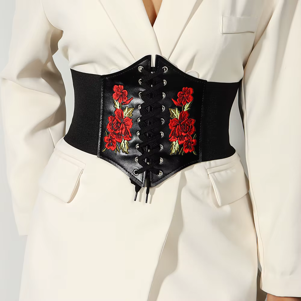 Ceinture en cuir PU pour femmes, taille élastique brodée de fleurs, à lacets, Corset Vintage, large ceinture noire pour filles