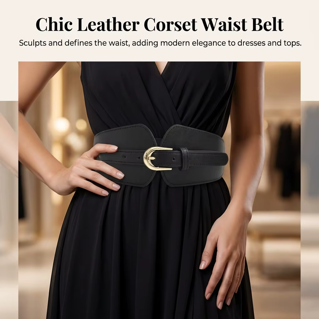 Ceinture large en PU pour femme, ceinture élastique avec boucle décorative pour un style rétro