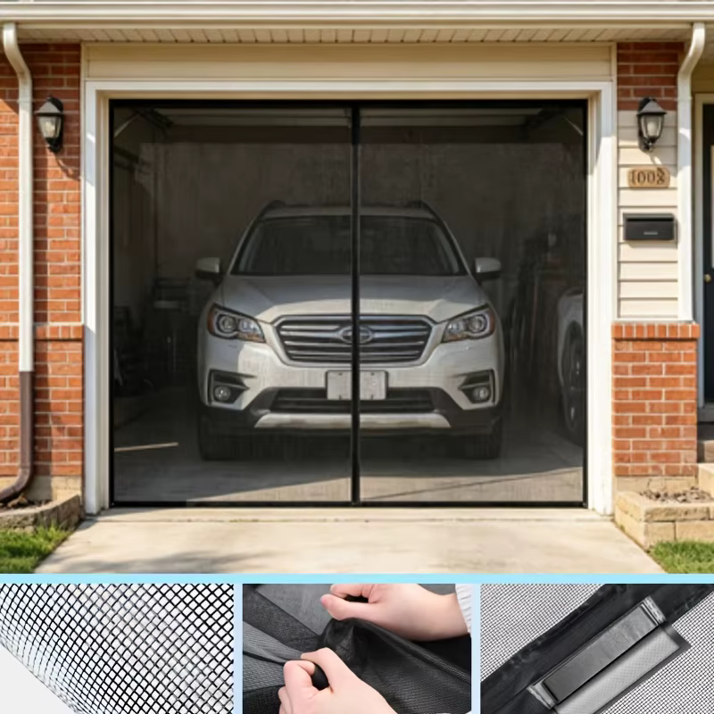Moustiquaire de porte de garage à rayures noires, auto-adhésive sans perçage, en maille respirante pour patio, garage, atelier, style minimaliste