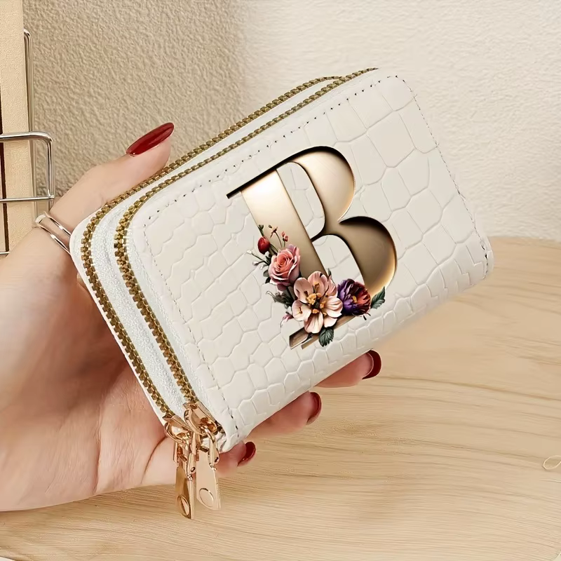 Portefeuille double fermeture éclair en cuir PU blanc pour femme