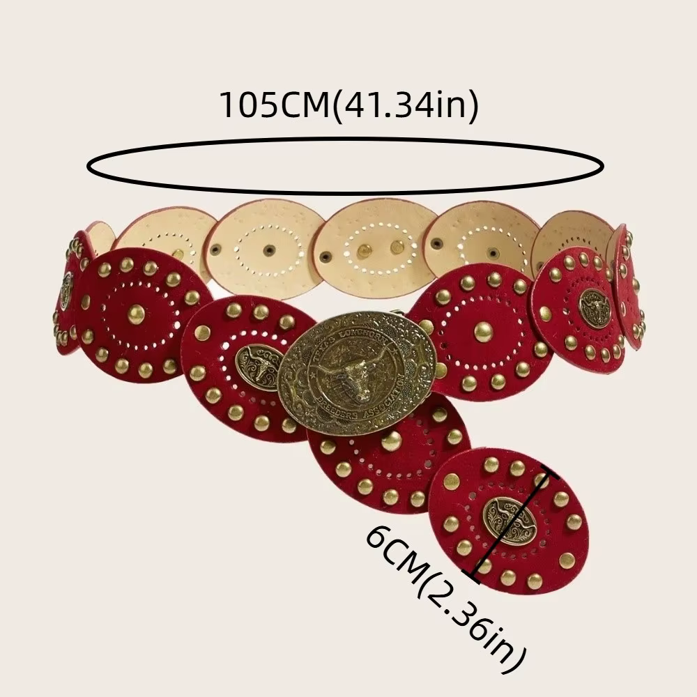 Ceinture large style bohème western avec boucle tête de bovin et rivets décoratifs, ceinture de cowboy en cuir PU avec boucle massive en laiton antique, idéale pour les soirées.