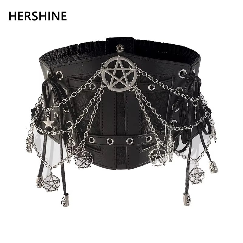 HERSHINE Ceinture large élastique avec chaîne étoile noire pour femme