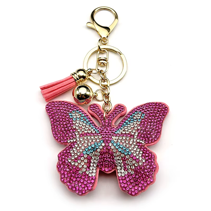 Porte-clés papillon rose pour femmes et hommes, cristal brillant, strass, pompon, sac de voiture, décoration suspendue, bijoux cadeaux