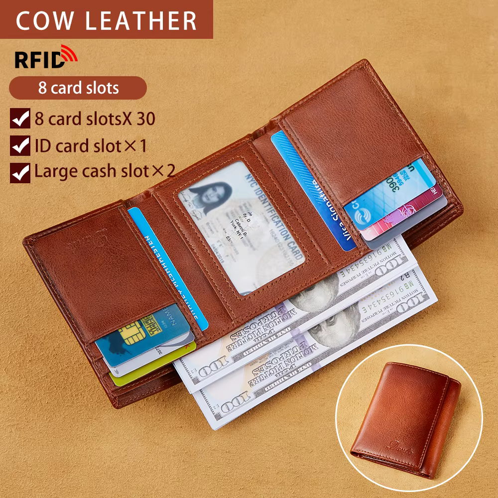 Portefeuille pour homme Dante Retro à trois volets en cuir véritable avec protection anti-vol