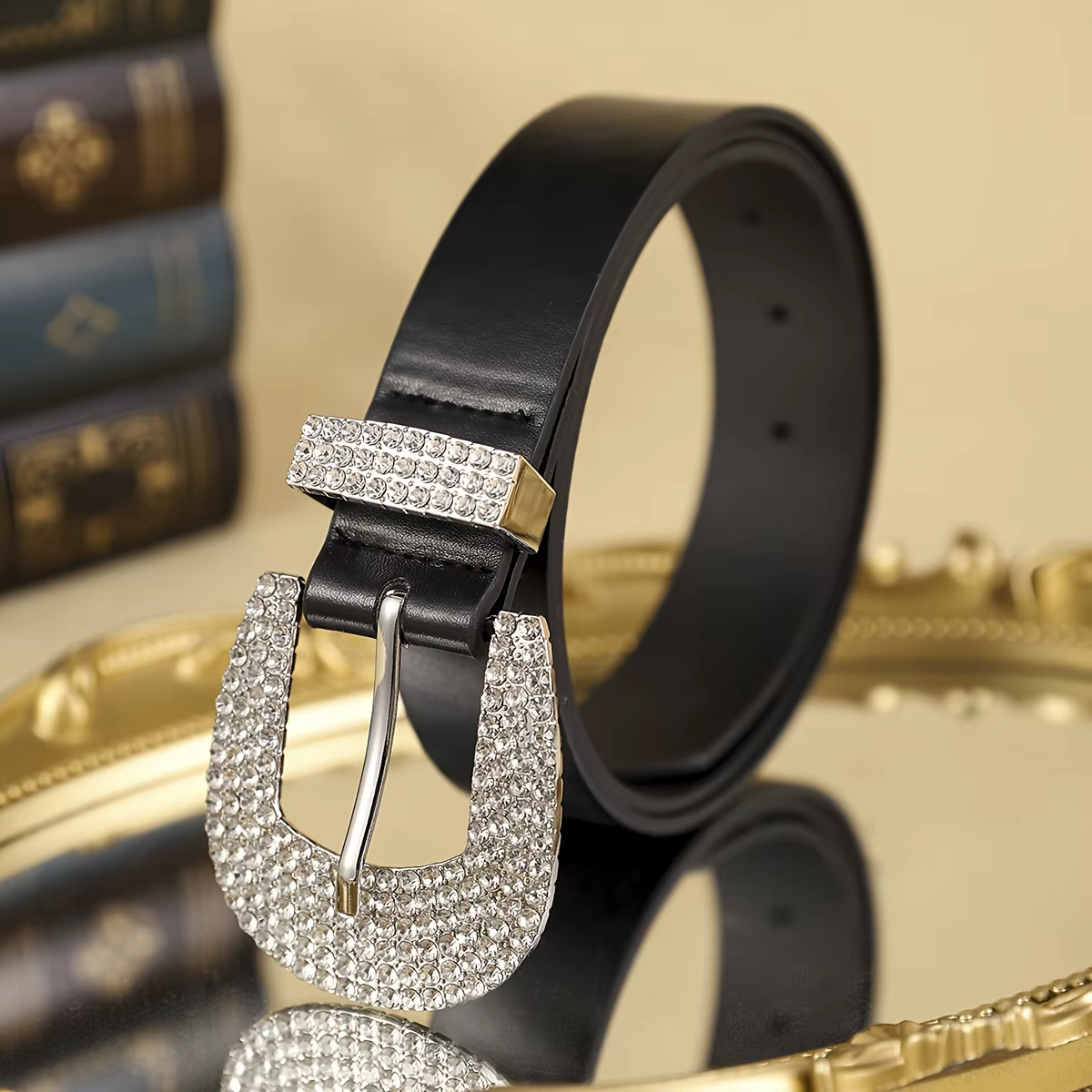 1 ceinture noire en PU pour femme avec boucle ornée de diamants