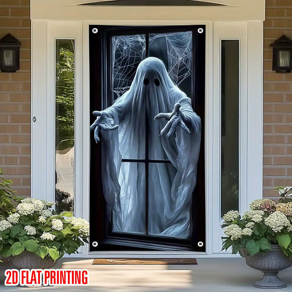 1 bannière de porte d'Halloween 2D - motif fantôme noir et blanc, matériau polyester durable, pour décoration festive