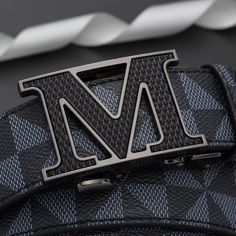 Ceinture de luxe pour homme avec boucle automatique lettre M, motif géométrique à carreaux, en cuir, pour affaires et décontracté