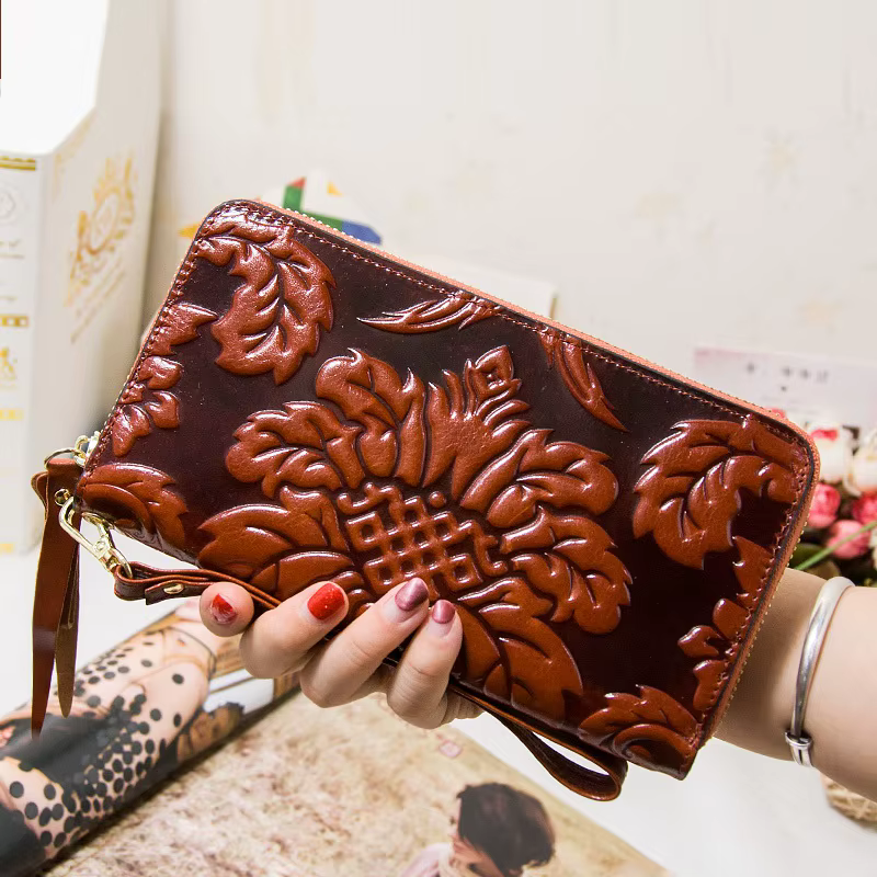 Portefeuille floral en cuir de vache véritable pour femme, sac à main vintage pour femme, pochette de grande capacité