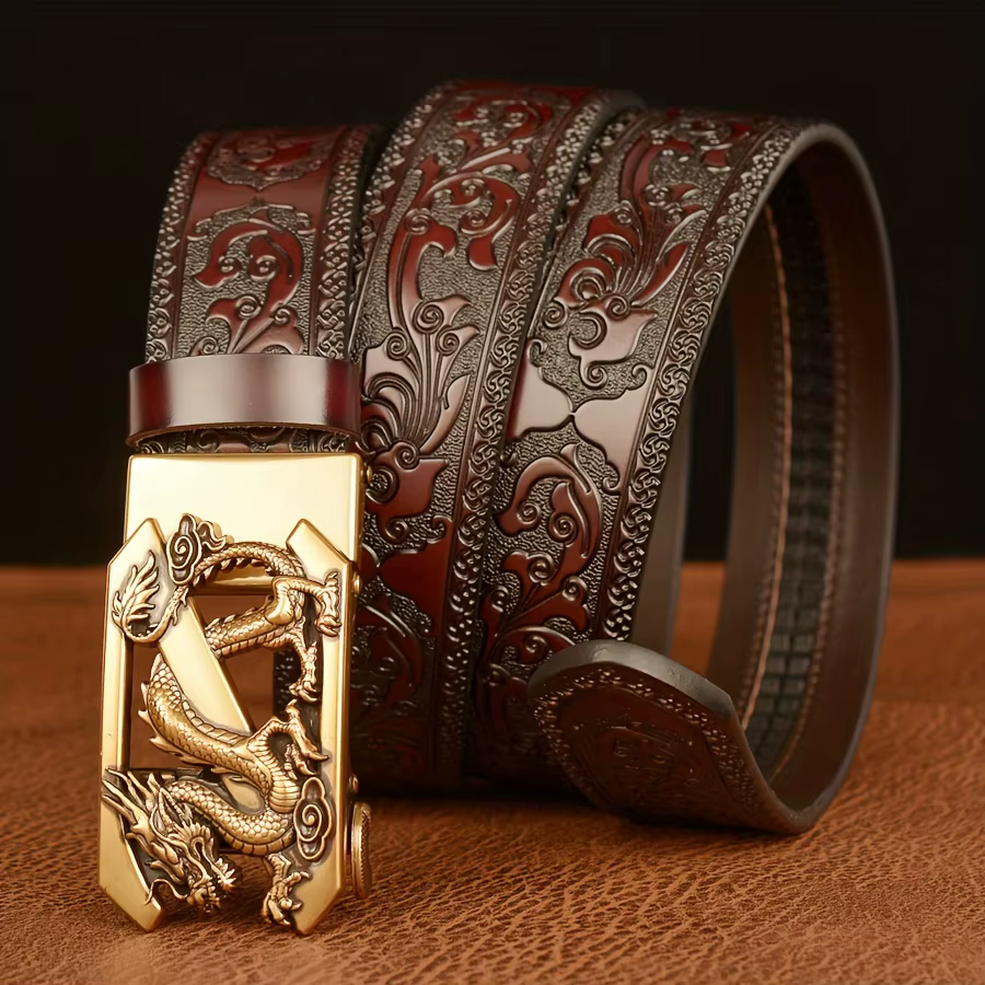 Ceinture à boucle automatique Vintage pour hommes en cuir véritable avec Dragon doré et motif en relief Floral ceinture décontractée noire pour jean