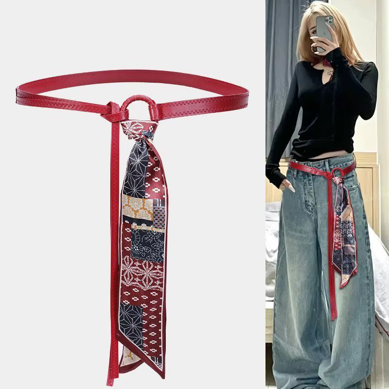 Ceinture de taille pour femmes en cuir PU rétro, style punk et bohème Y2K, avec foulard en soie, tendance, décorative pour jeans et robes