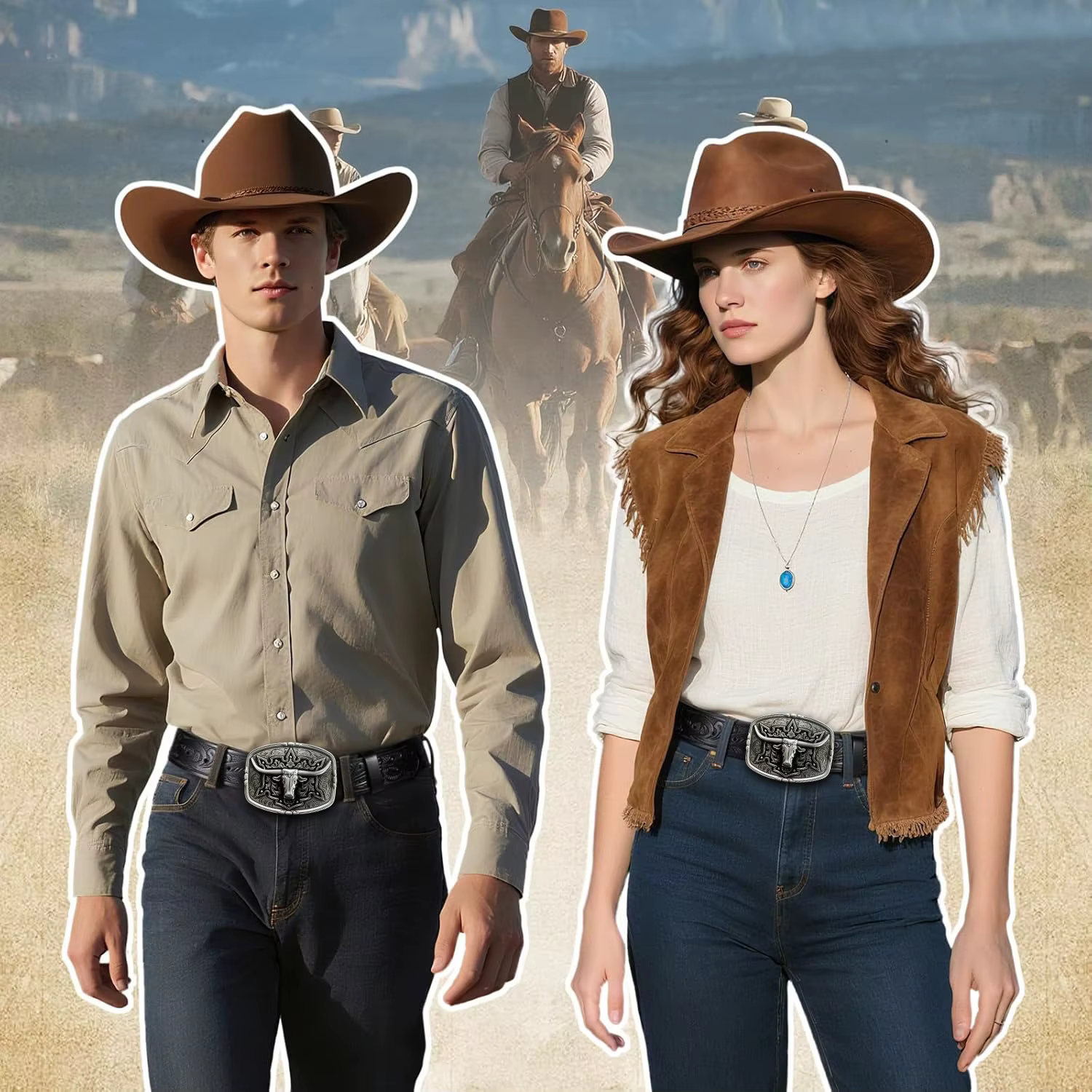 Ceinture pour hommes de Style Couple de Cowboy occidental-motif irrégulier sculpture fleur longue corne tête de vache