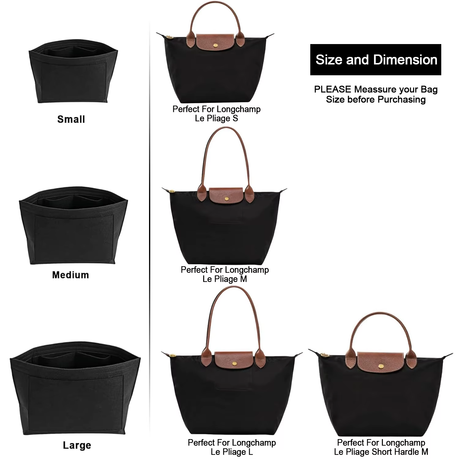 Insert de sac à main en feutre, insert de sac à main Longchamp Le Pliage