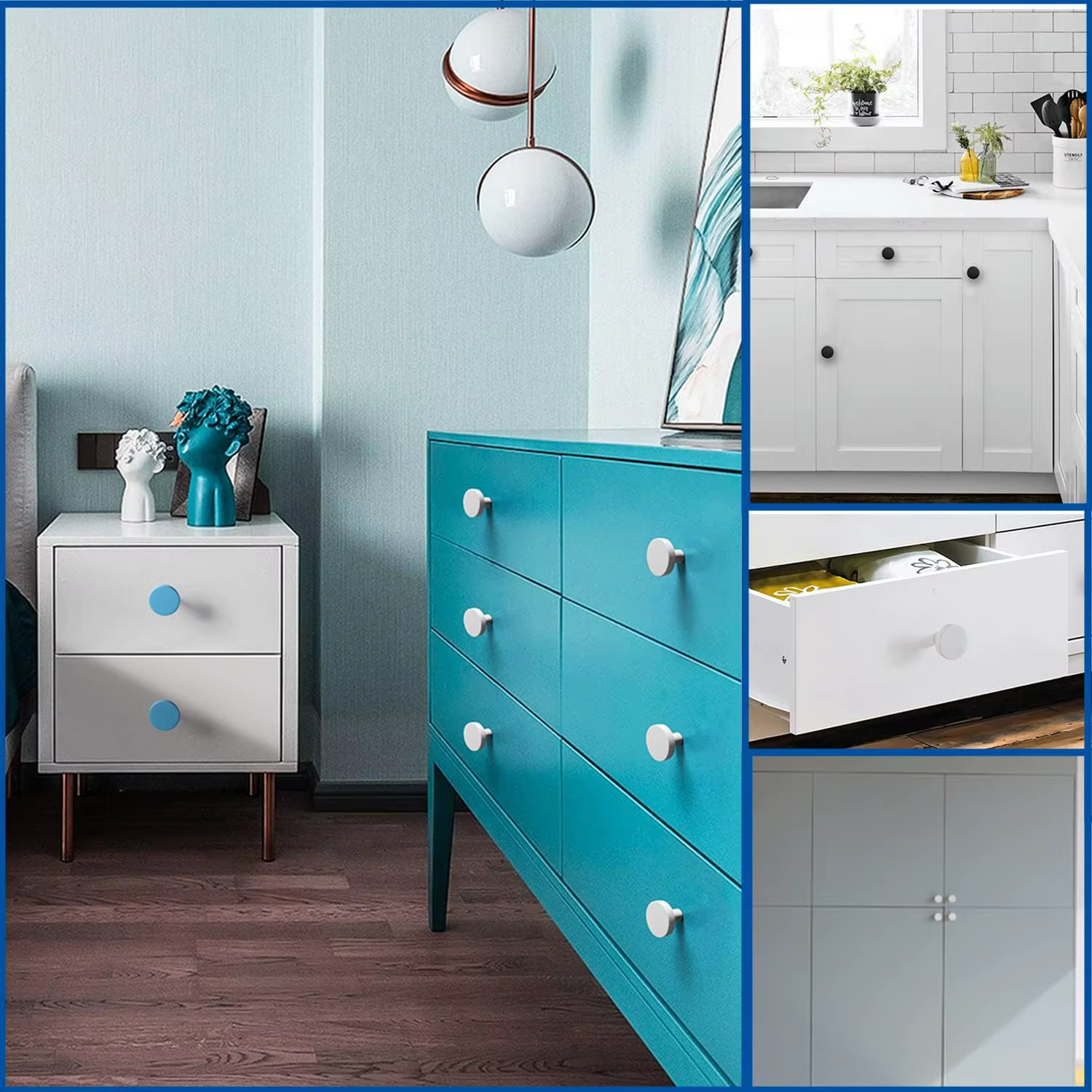 Boutons et poignées d'armoire de cuisine blanches, boutons ronds modernes et poignées de tiroir pour placard, commode et porte de placard