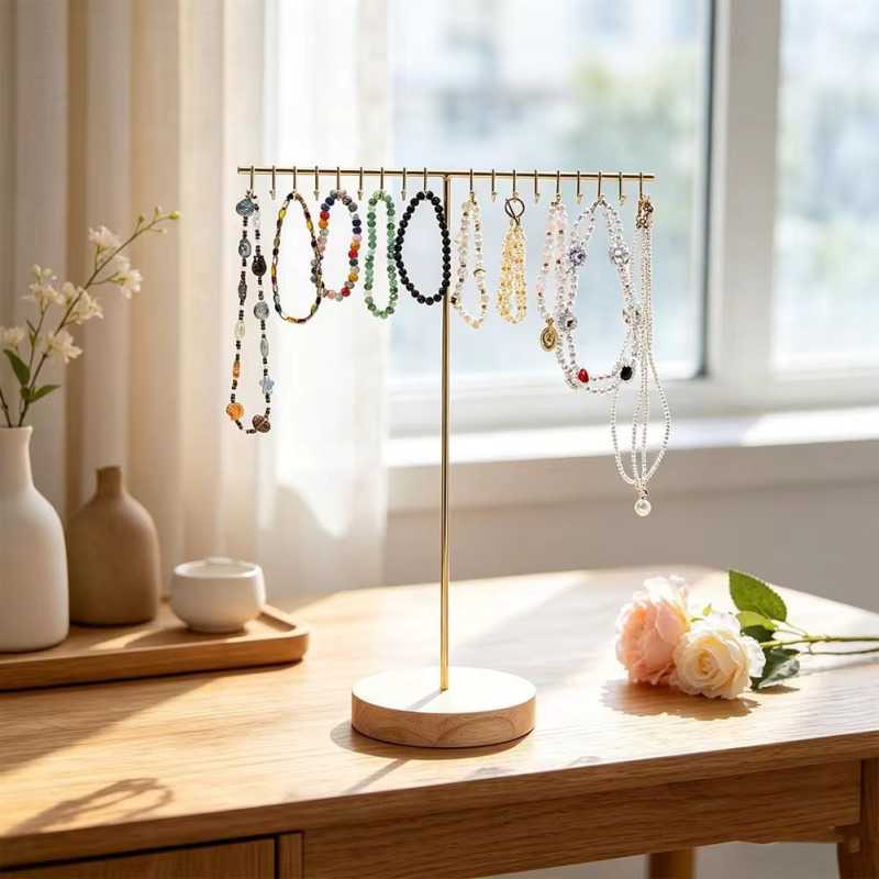 Présentoir à bijoux en métal avec base en bois, support de rangement esthétique pour colliers longs