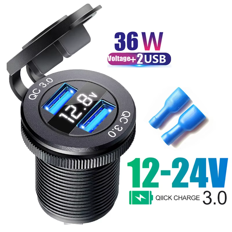 Prise de chargeur usb de voiture de Type c 12/24V, prise de chargeur USB à trois ports USB-C PD et double QC 3.0 pour voiture moto bateau RV