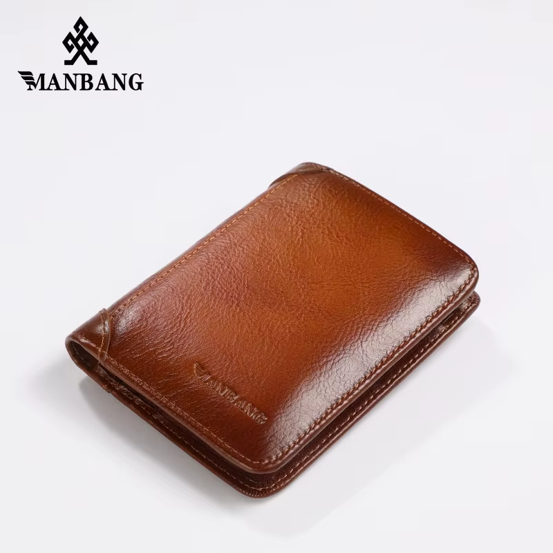 Manbang – portefeuille à trois volets en cuir véritable pour homme