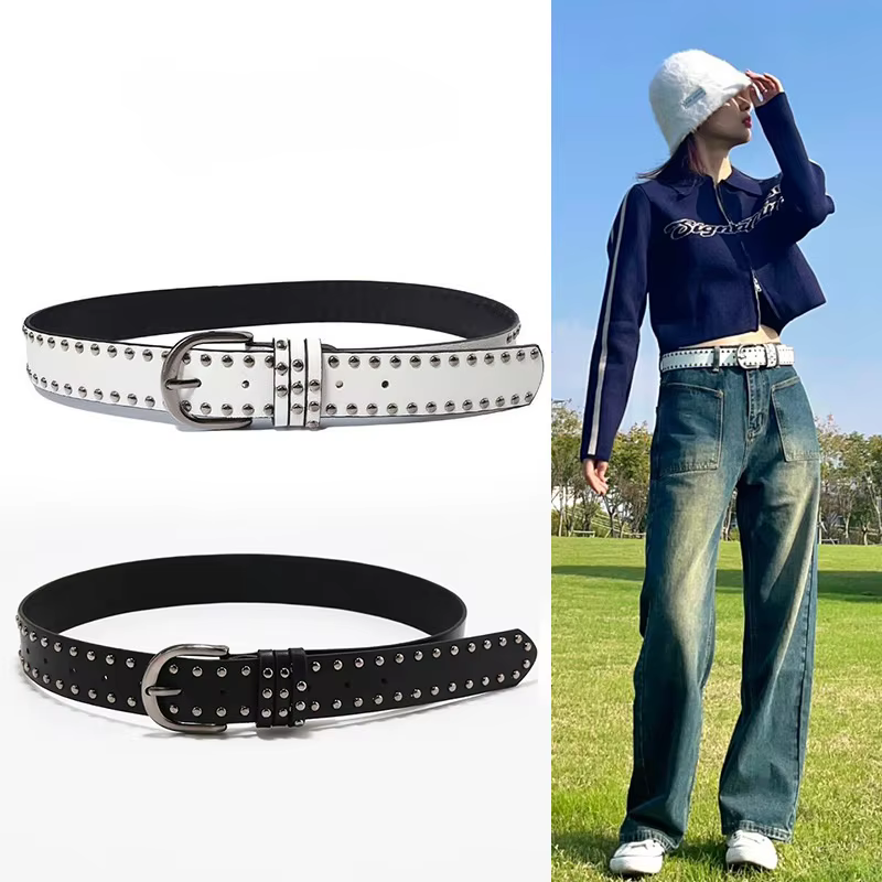 Ceinture en cuir noir et blanc de style punk pour femmes
