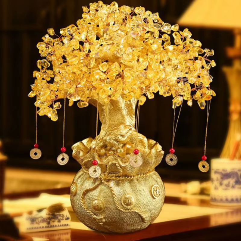 Arbre porte-bonheur en cristal jaune, arbre à argent naturel, ornements style bonsaï, ornements Feng Shui pour la richesse et la chance, artisanat