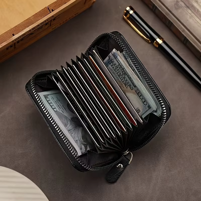  Portefeuille mince en cuir PU vintage – Porte-cartes à 11 emplacements avec fermeture éclair et blocage RFID