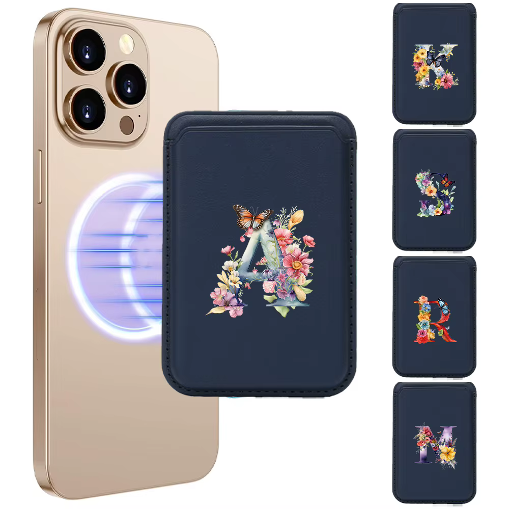 Porte-cartes bleu en cuir PU, portefeuille magnétique pour téléphone, poche amovible fine, durable et anti-rayures, motif papillon et lettres