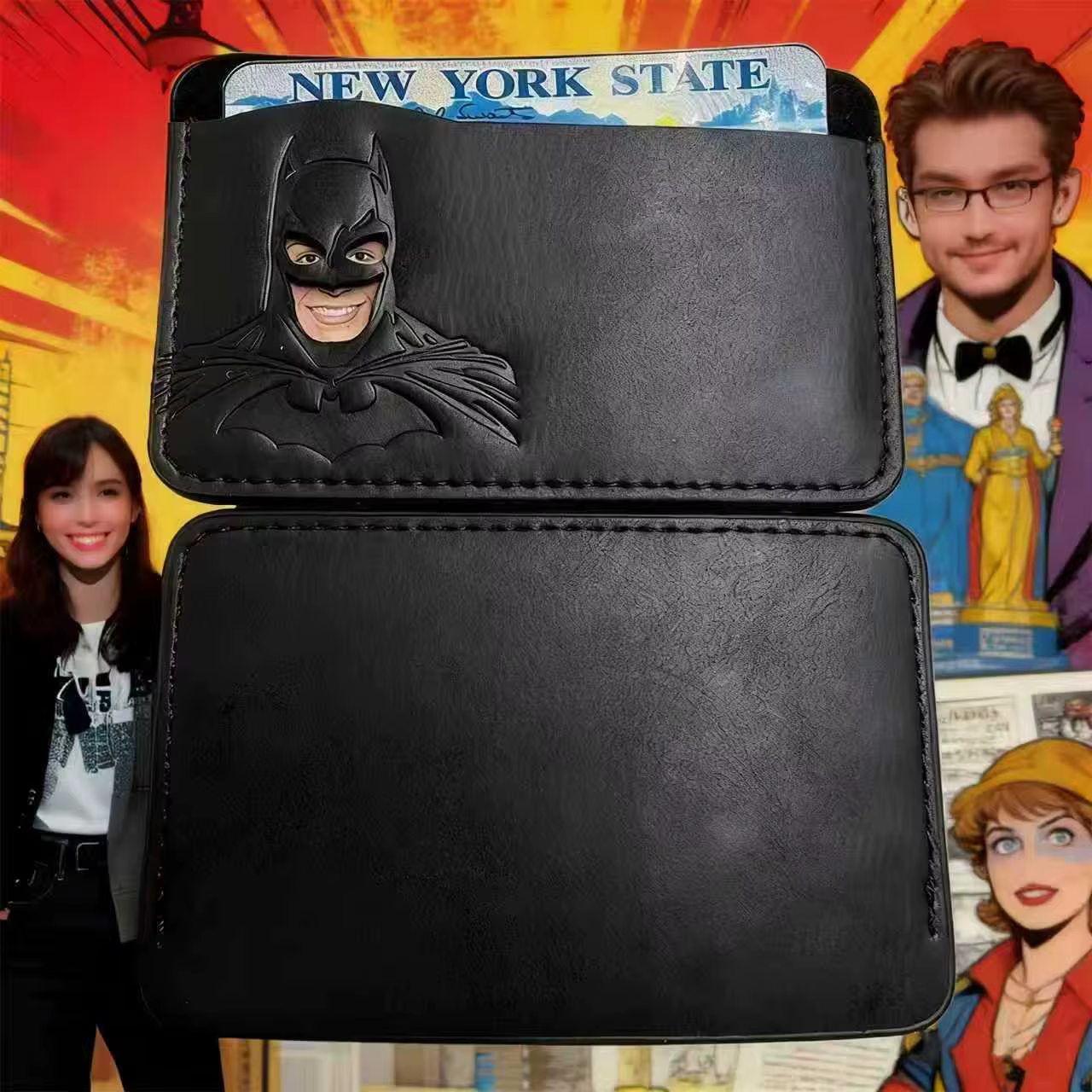 Porte-carte d'identité en cuir personnalisé avec motif de masque de super-héros