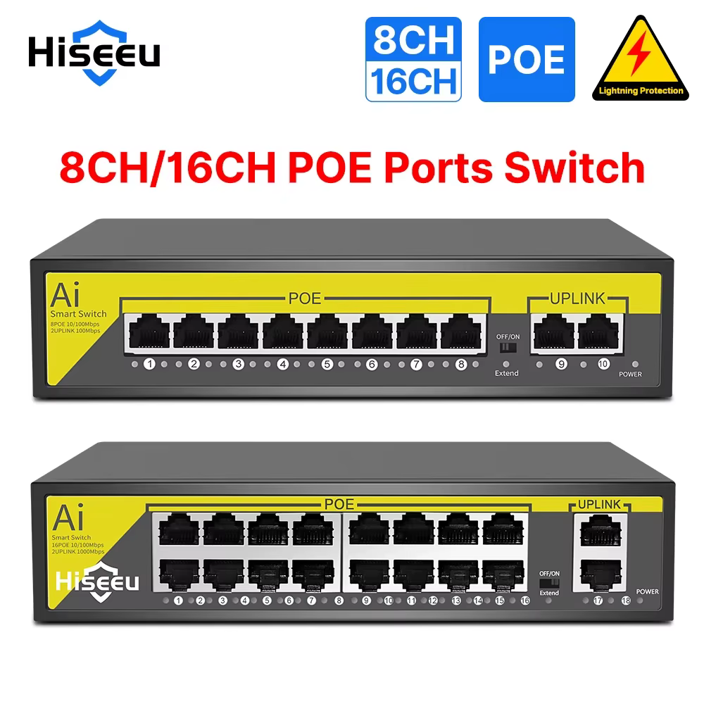 Hiseeu – Commutateur Ethernet POE 48V à 8/16 Ports, 10/100Mbps IEEE 802.3 af/at pour caméra IP, système de sécurité CCTV/AP ft sans fil