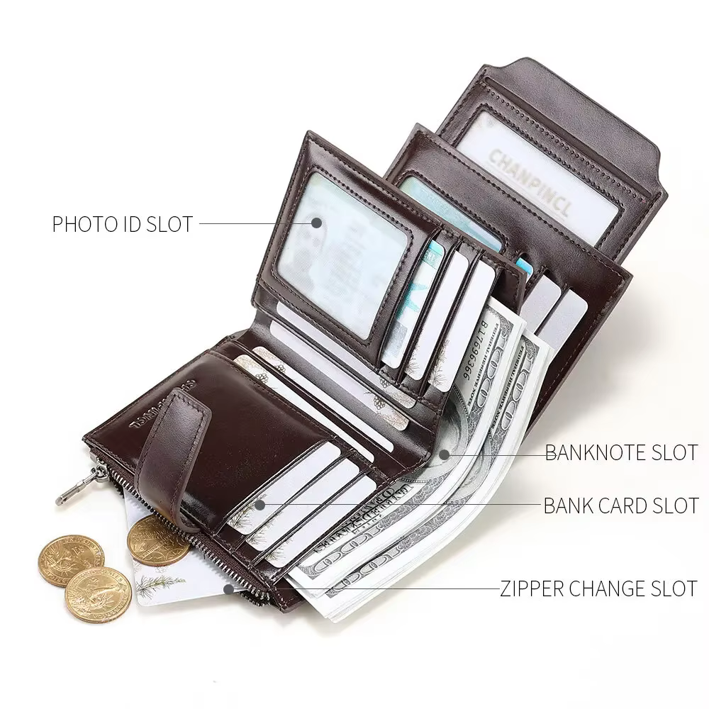 Portefeuille court pour homme CHANPINCL en cuir de vachette italien véritable de première qualité – 16 emplacements