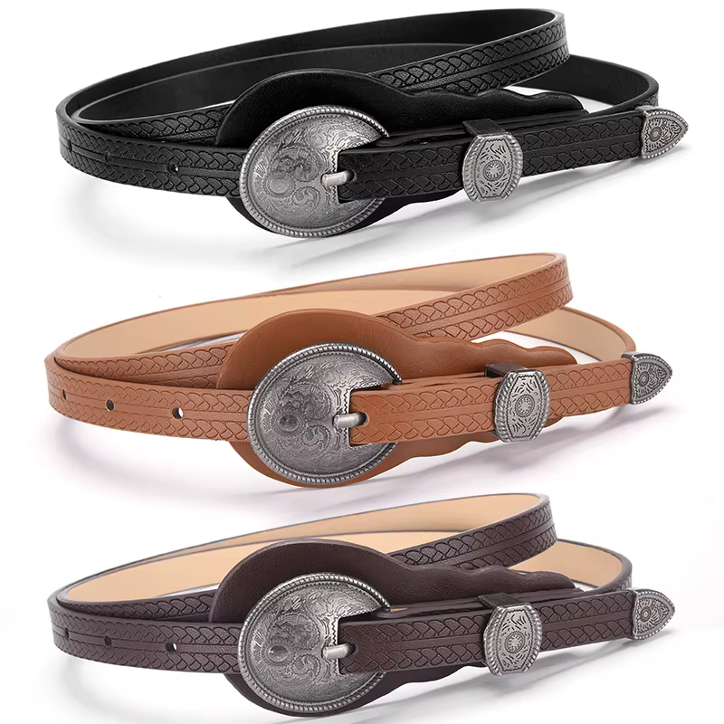 Ceinture fine de style ethnique avec gravures – Ceintures en cuir décoratives polyvalentes haut de gamme rétro européennes et américaines
