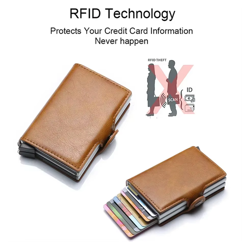Carbone porte-carte de crédit hommes portefeuille RFID PU cuir métal moraillon