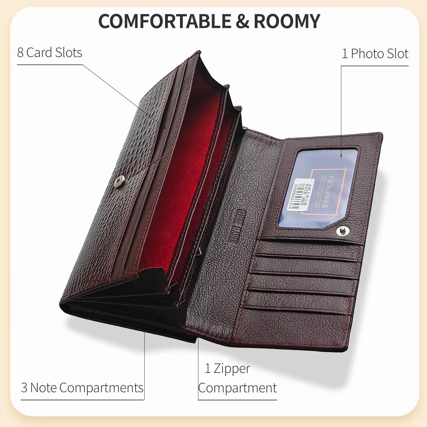 Portefeuille long pour femme en cuir véritable avec fermoir à pression