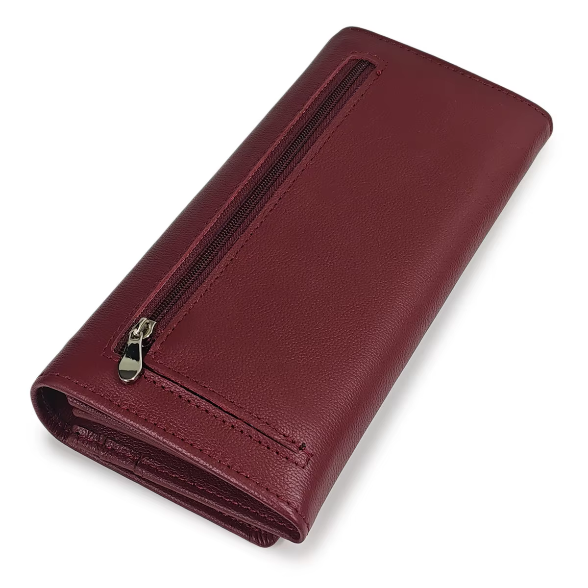 Portefeuille de luxe en cuir rouge vin pour femme – Slim Long à deux volets avec 8 emplacements pour cartes