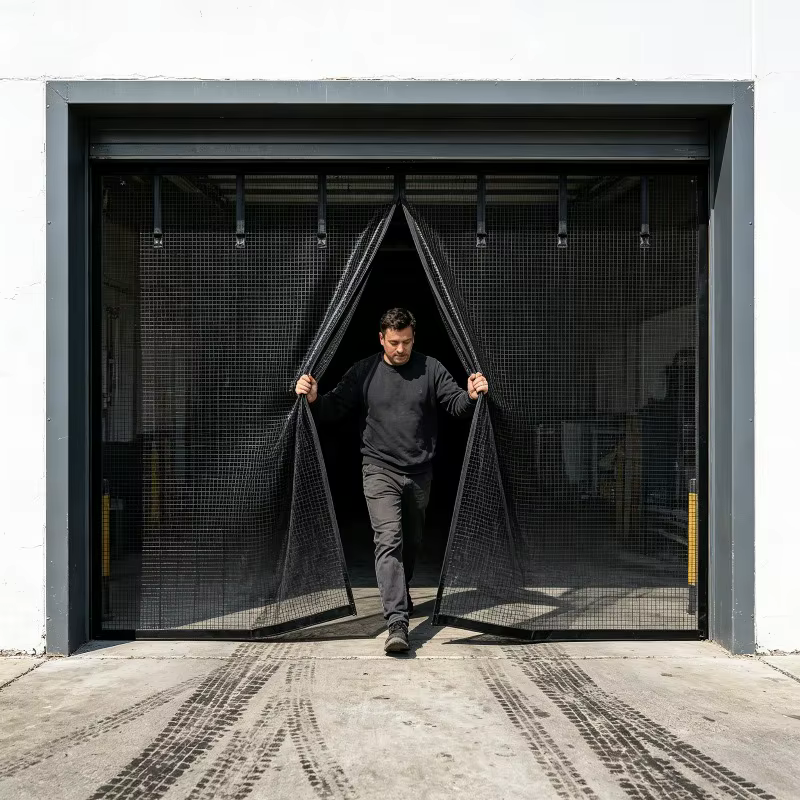 Moustiquaire de porte de garage à rayures noires, auto-adhésive sans perçage, en maille respirante pour patio, garage, atelier, style minimaliste