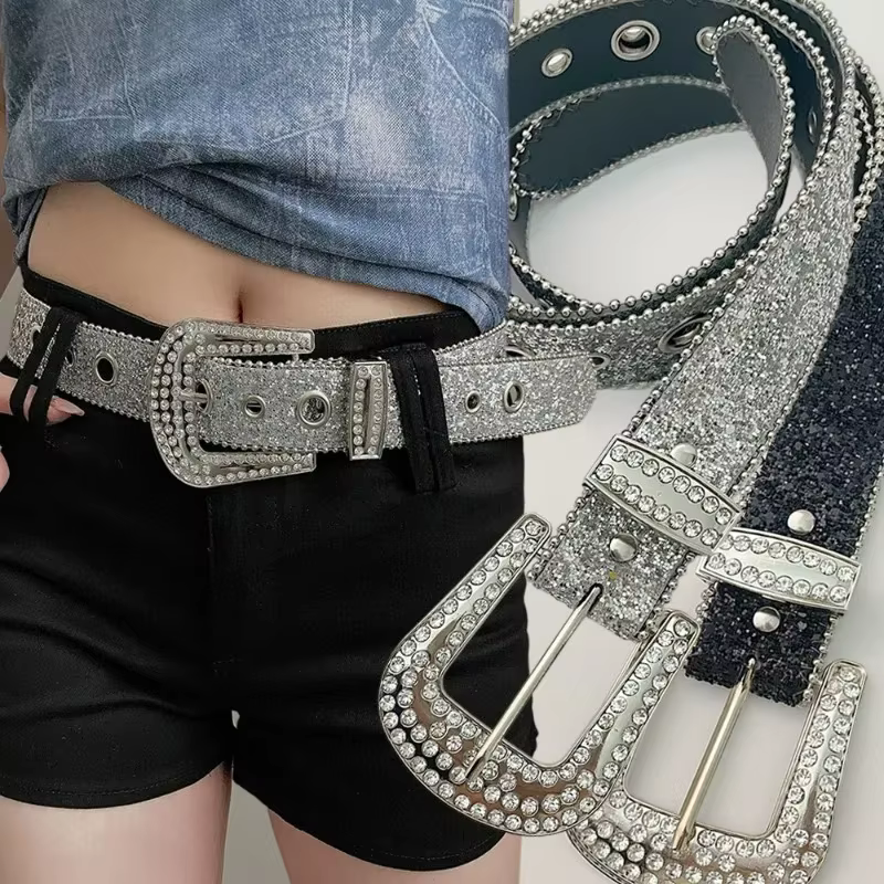 Ceinture scintillante en cuir PU pour femmes